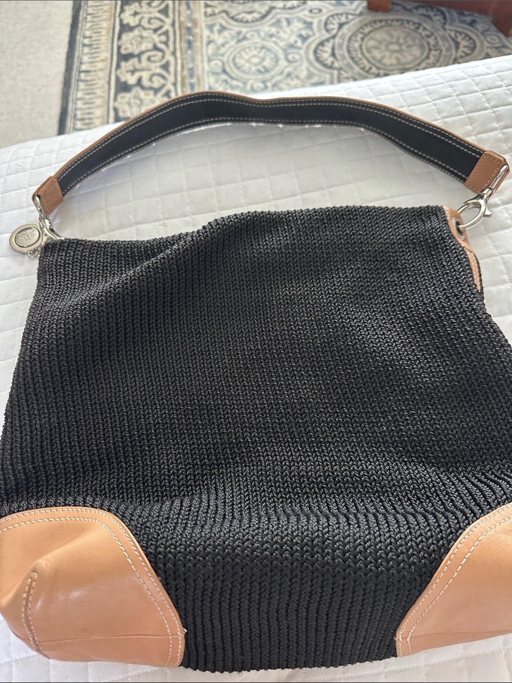 The Sak Black Knit Shoulder Bag with Tan Leather Trim